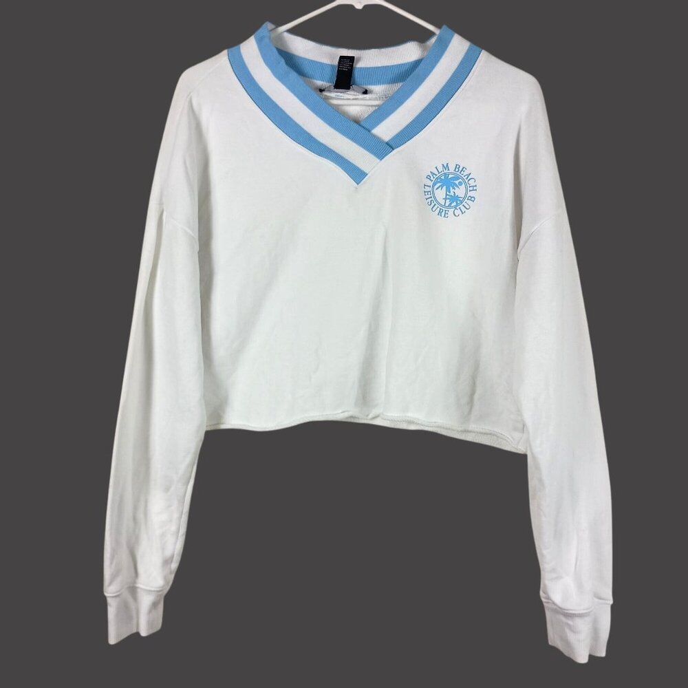 Palm Beach Leisure Club Cropped Sweatshirt Womens M White Blue Preppy Oversized